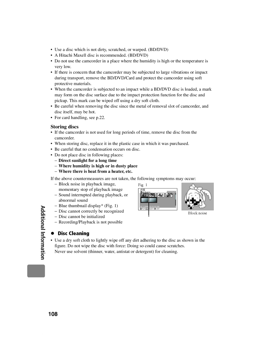 Hitachi DZ-BD10HA Storing discs, Disc Cleaning, Momentary stop of playback image, Recording/Playback is not possible 