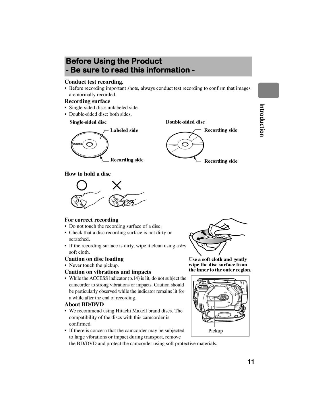 Hitachi DZ-BD10HA Before Using the Product Be sure to read this information, Conduct test recording, Recording surface 