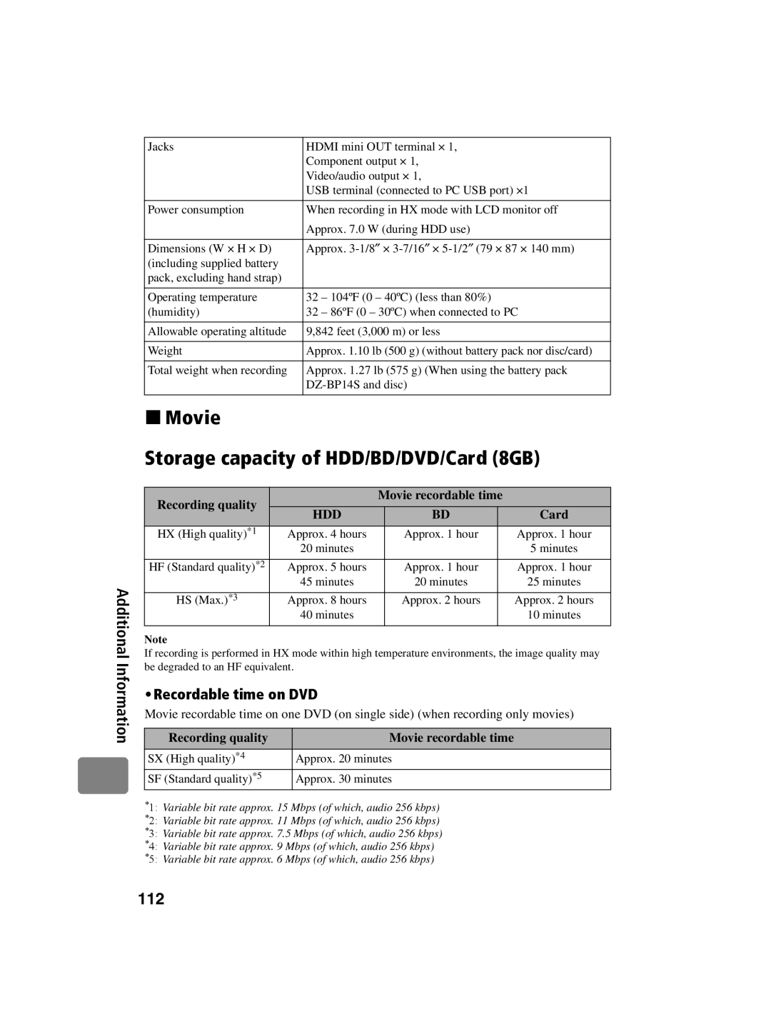 Hitachi DZ-BD10HA instruction manual „ Movie Storage capacity of HDD/BD/DVD/Card 8GB, Recordable time on DVD 