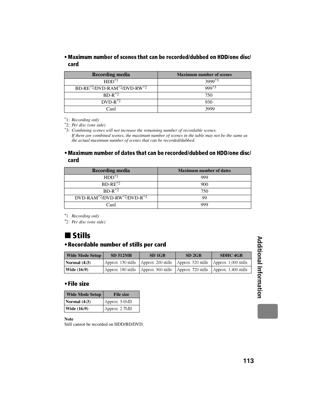 Hitachi DZ-BD10HA instruction manual „Stills, Recordable number of stills per card, File size, Recording media 