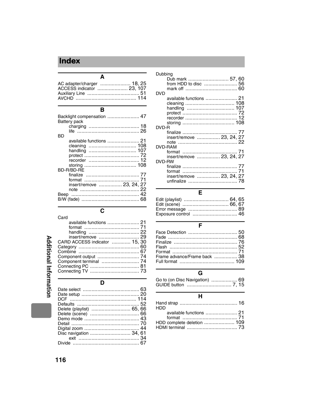 Hitachi DZ-BD10HA instruction manual Index, Insert/remove 