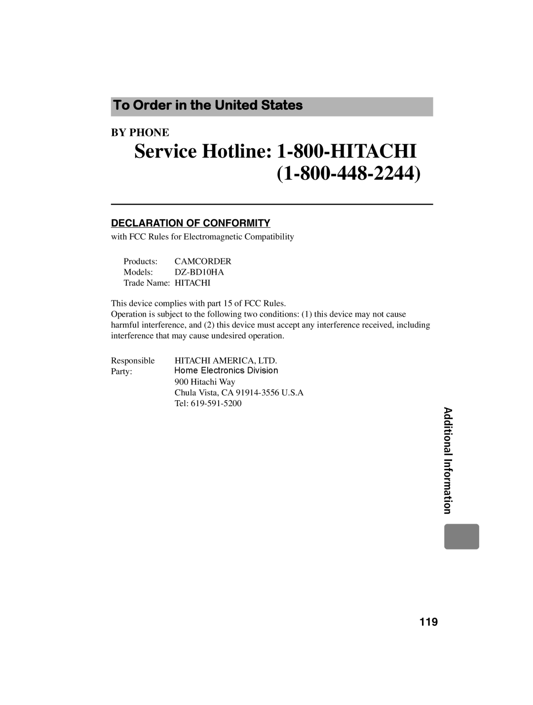 Hitachi DZ-BD10HA instruction manual To Order in the United States, Hitachi Way, Tel 