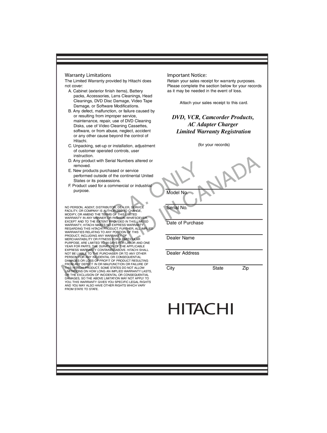 Hitachi DZ-BD10HA instruction manual Only 