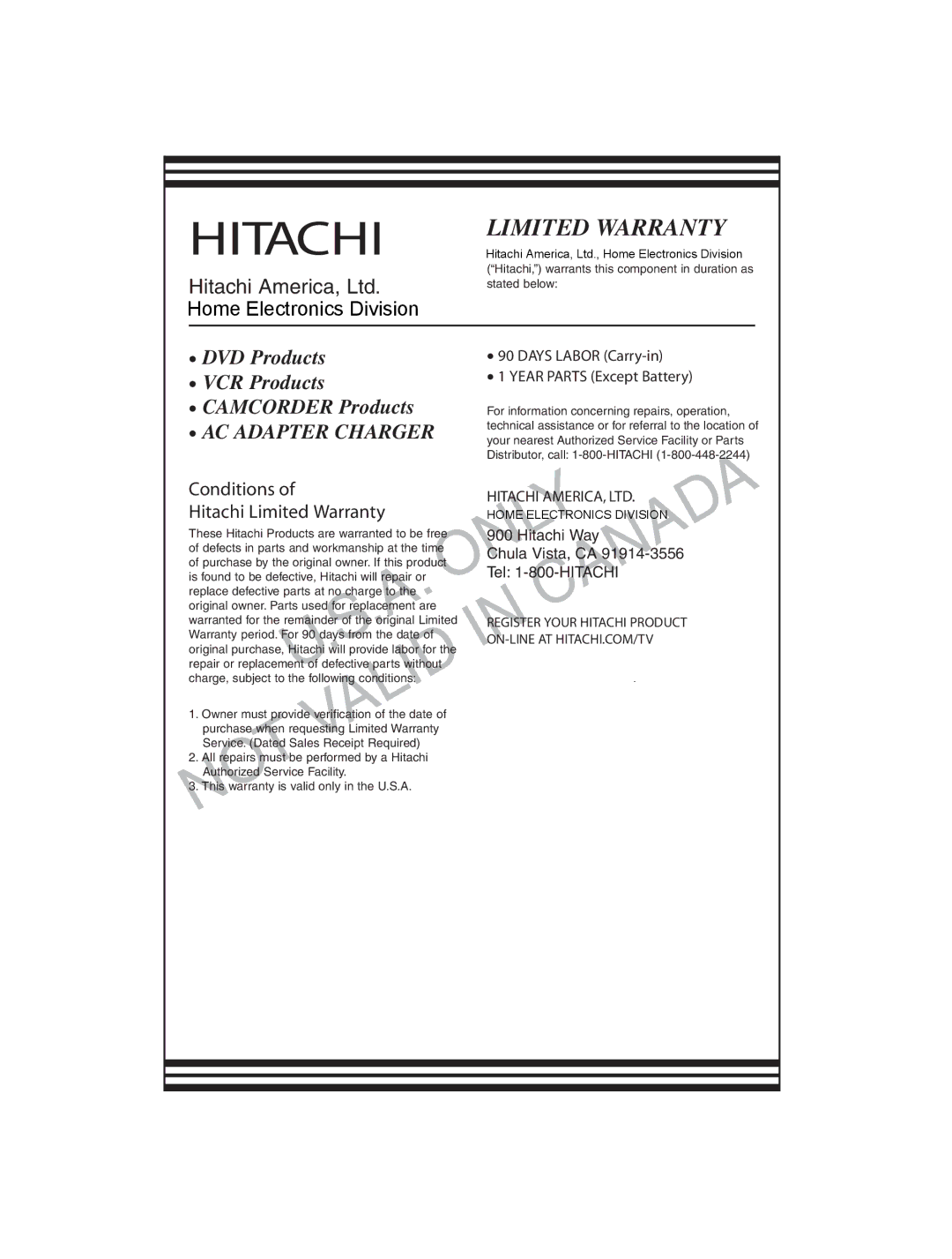 Hitachi DZ-BD10HA instruction manual Limited Warranty 