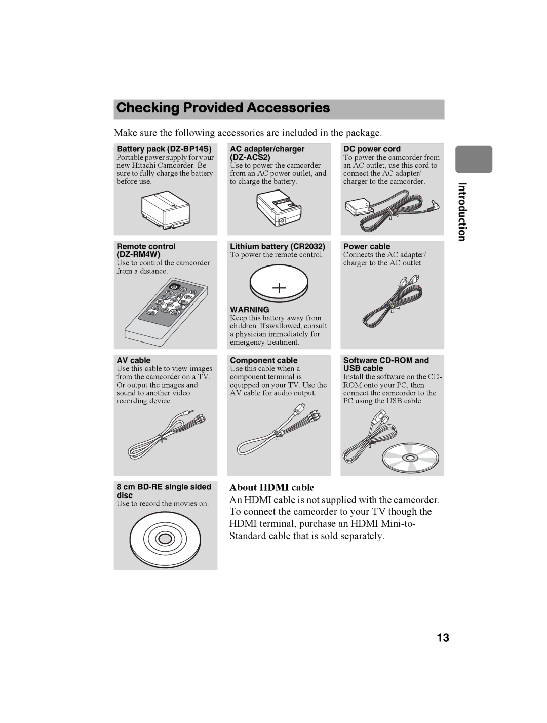 Hitachi DZ-BD10HA instruction manual Checking Provided Accessories, Introduction, About Hdmi cable 