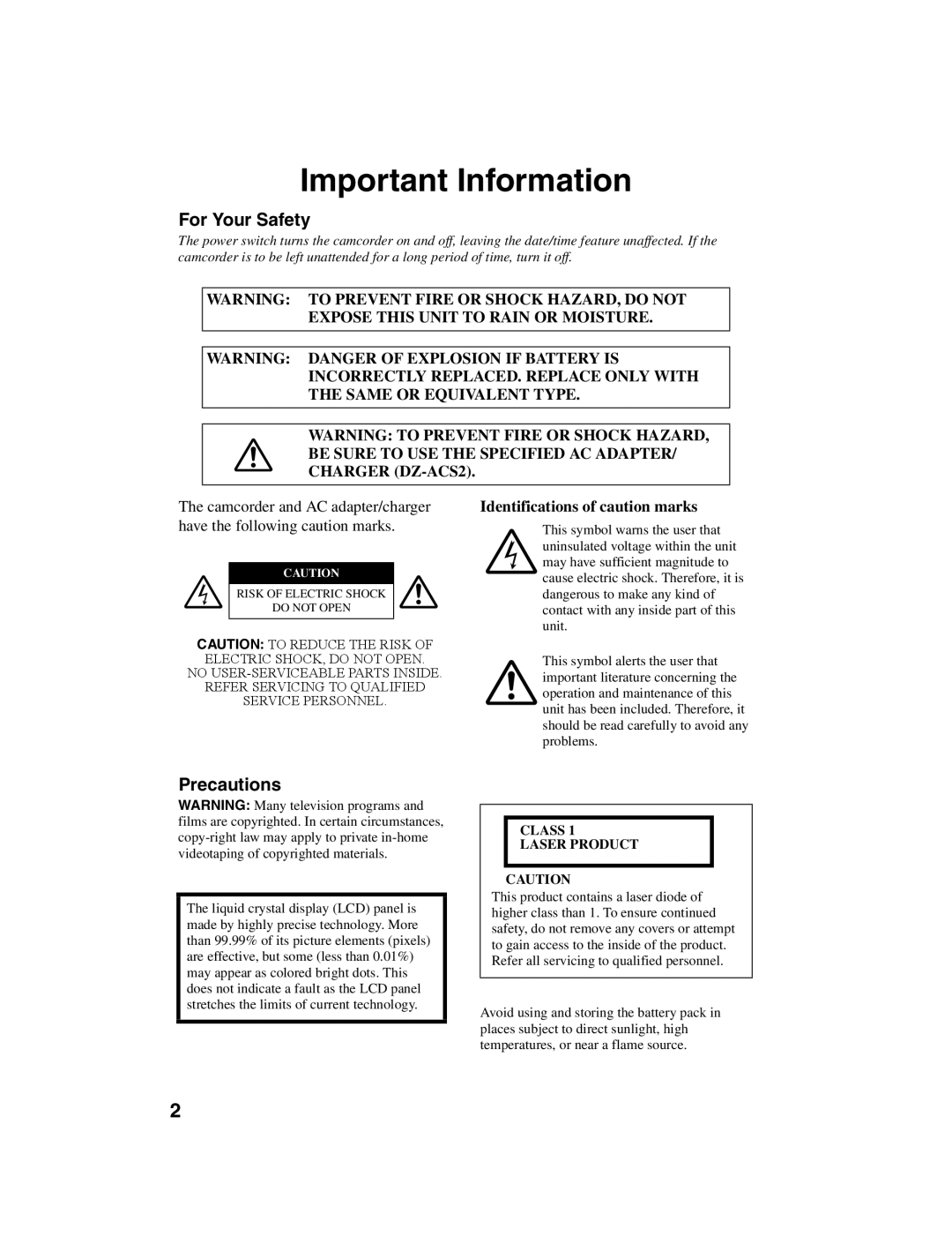 Hitachi DZ-BD10HA instruction manual Important Information, Identifications of caution marks 