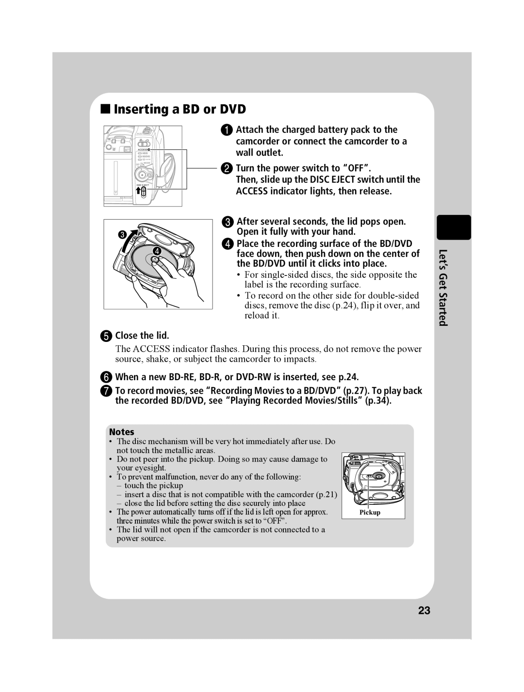 Hitachi DZ-BD10HA instruction manual „ Inserting a BD or DVD, When a new BD-RE, BD-R, or DVD-RW is inserted, see p.24 