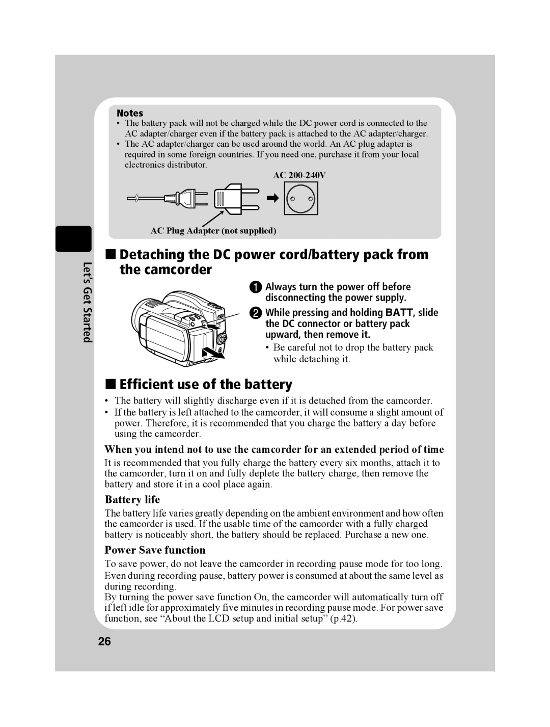 Hitachi DZ-BD10HA instruction manual „ Efficient use of the battery, AC Plug Adapter not supplied 