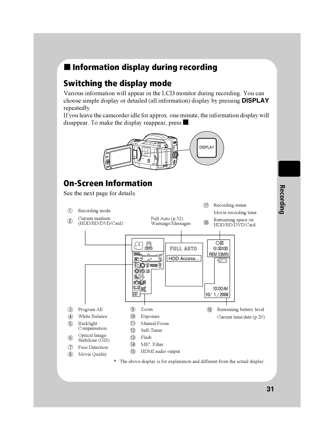 Hitachi DZ-BD10HA instruction manual On-Screen Information, See the next page for details 