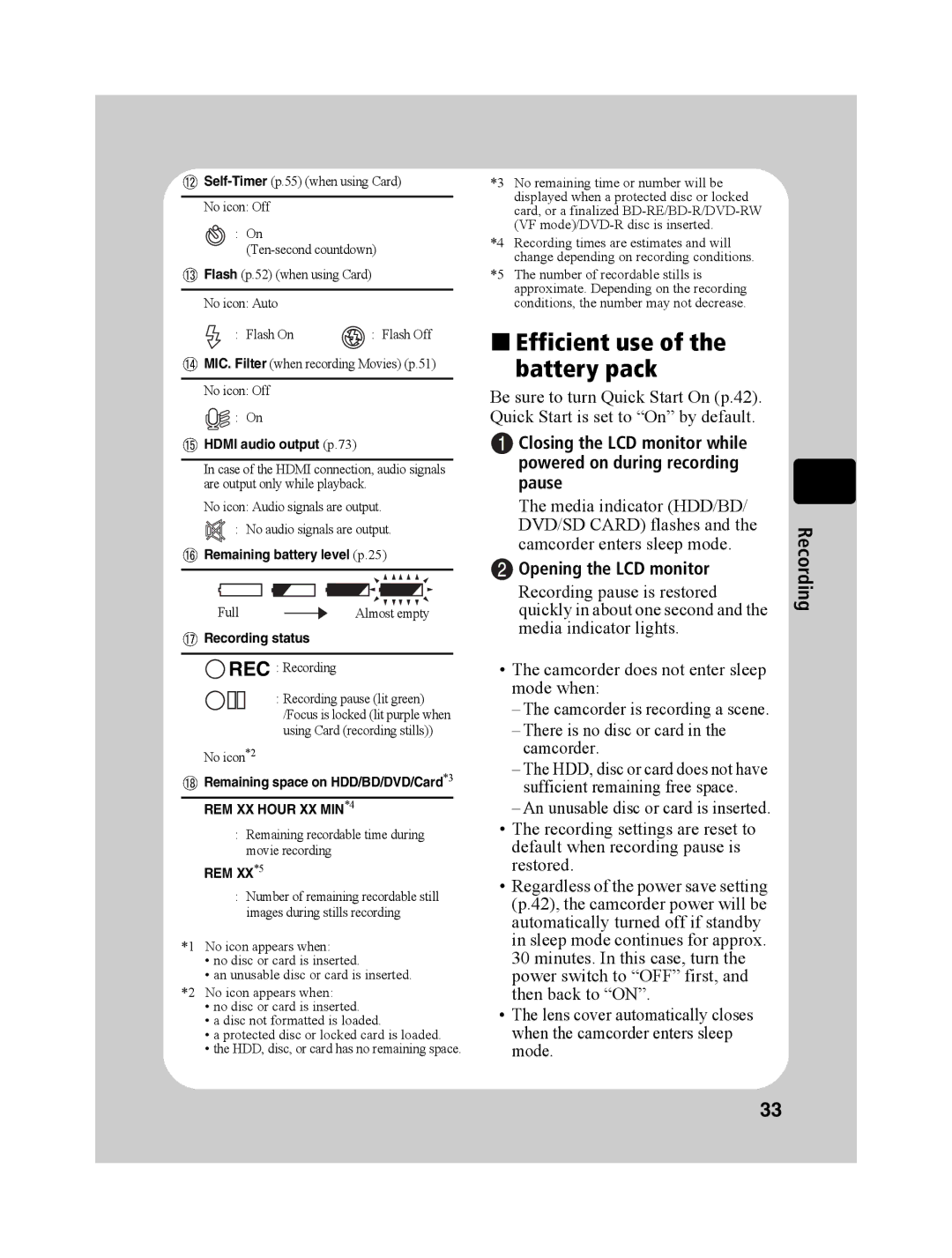 Hitachi DZ-BD10HA instruction manual „ Efficient use Battery pack, Opening the LCD monitor 