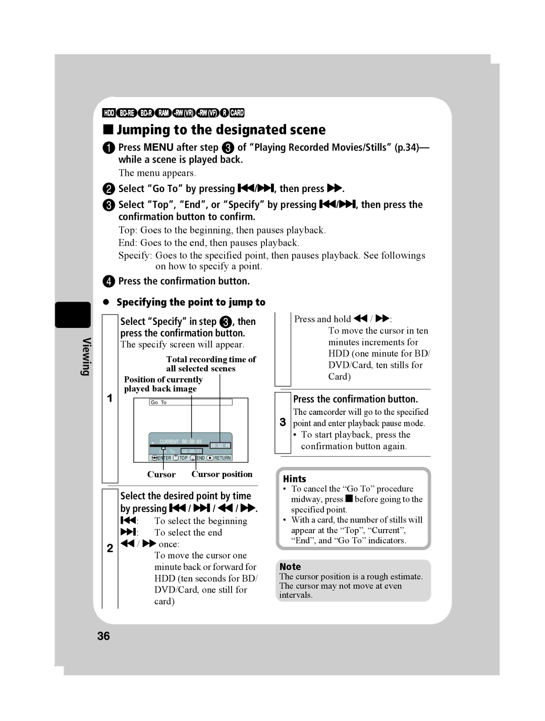 Hitachi DZ-BD10HA „ Jumping to the designated scene, Select the desired point by time by pressing f/ e / d / c, Cursor 