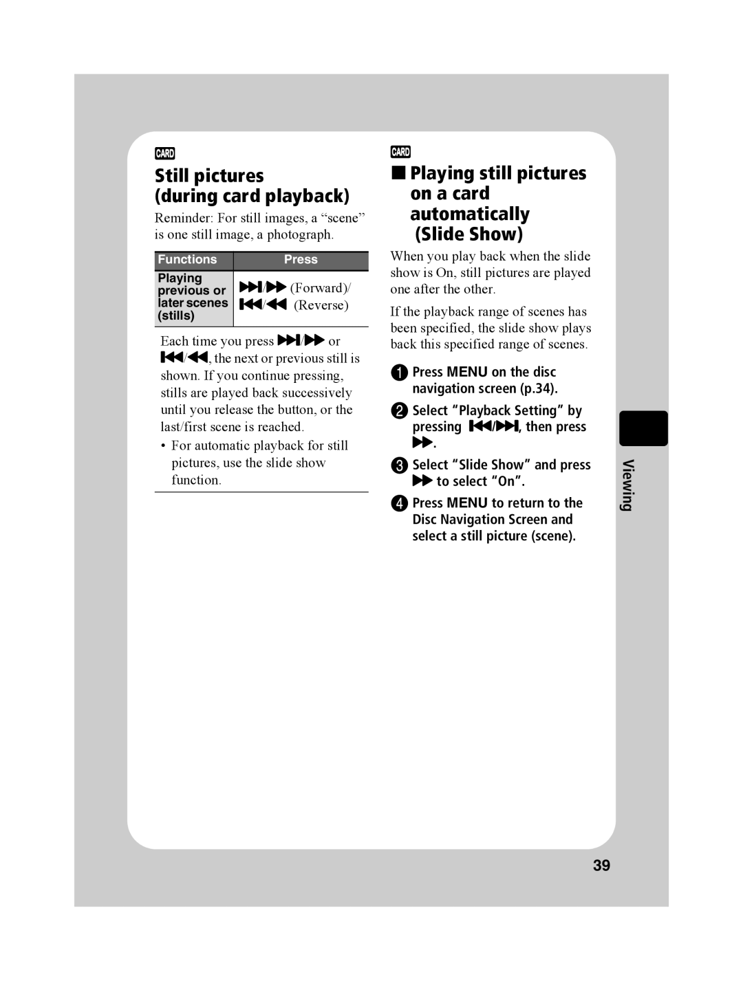 Hitachi DZ-BD10HA Still pictures During card playback, „ Playing still pictures on a card automatically Slide Show 