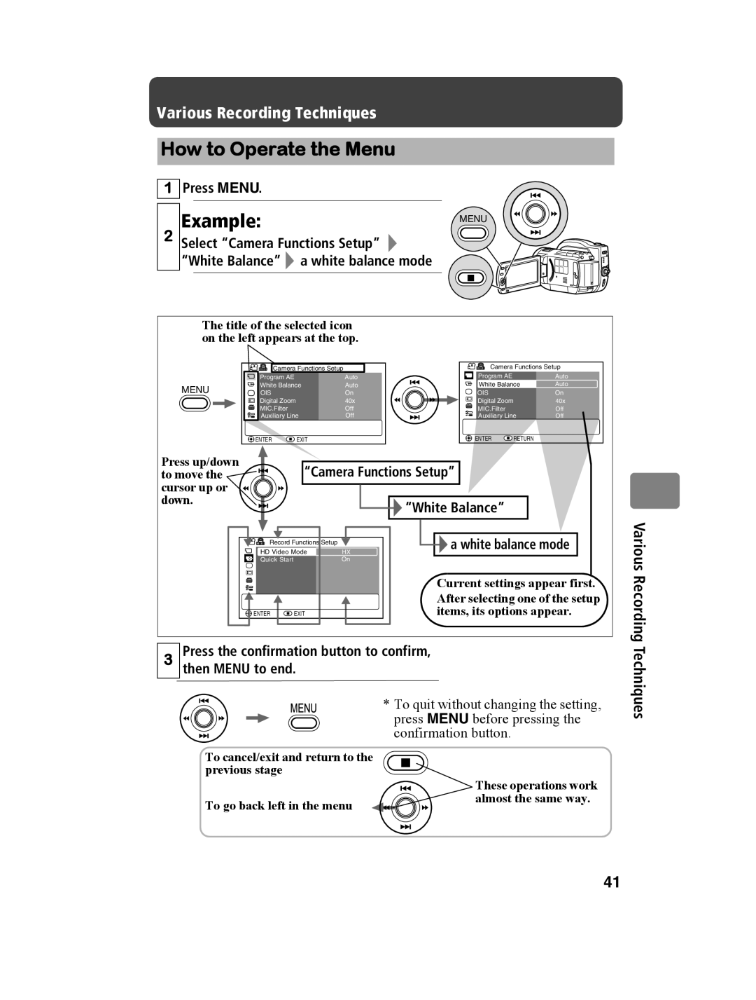 Hitachi DZ-BD10HA instruction manual How to Operate the Menu, Example 