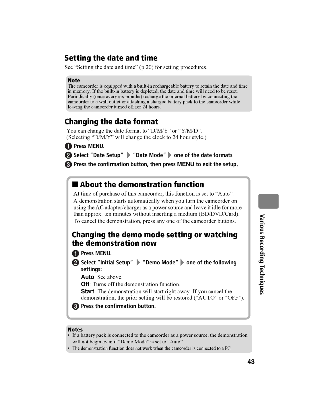 Hitachi DZ-BD10HA Setting the date and time, Changing the date format, „ About the demonstration function 