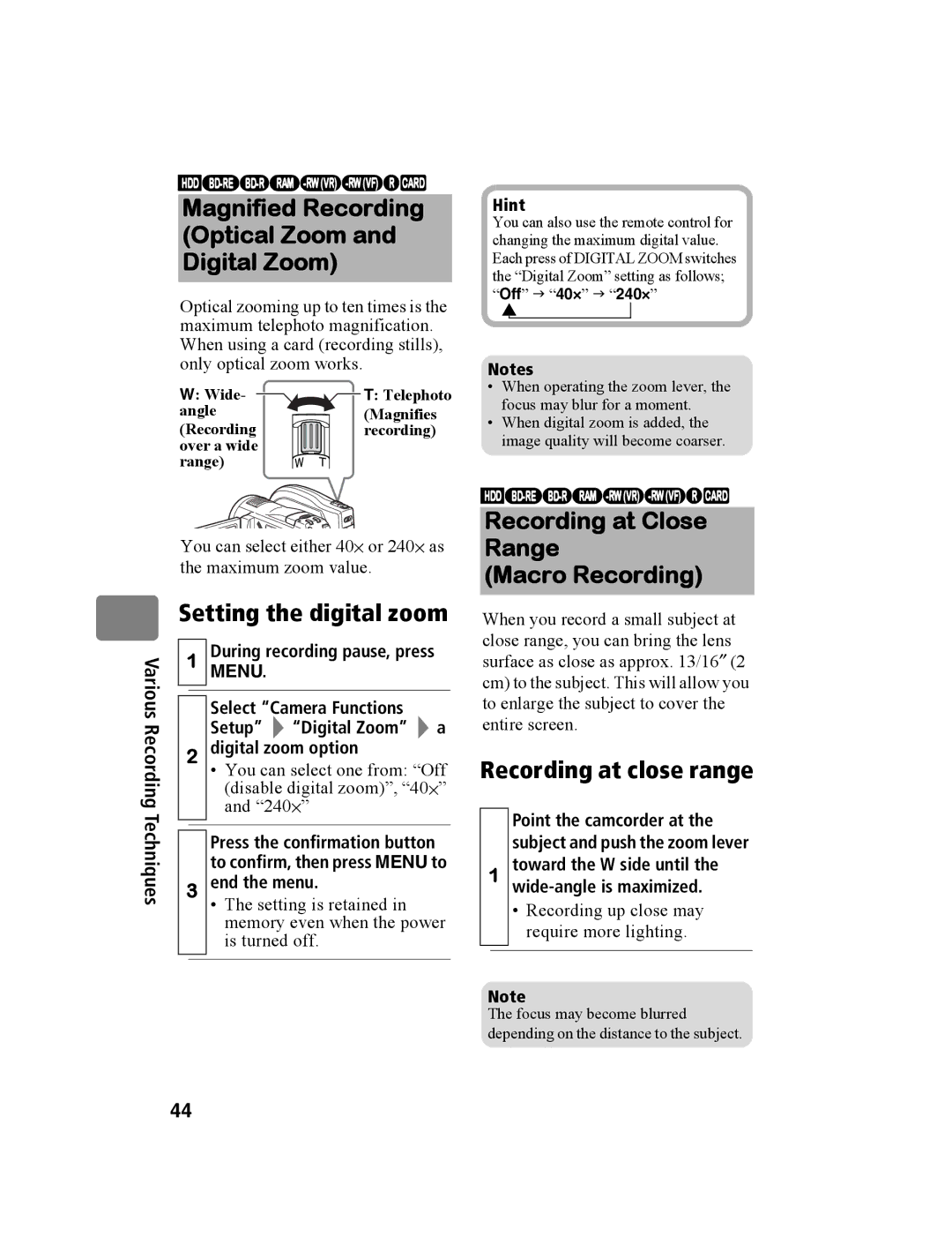 Hitachi DZ-BD10HA Magnified Recording Optical Zoom Digital Zoom, Setting the digital zoom, Recording at close range 