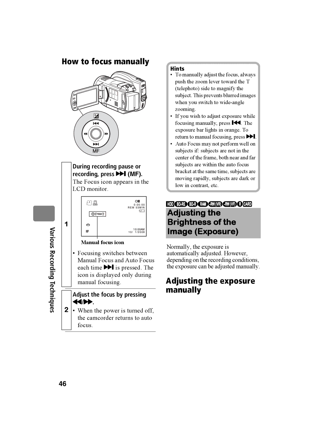 Hitachi DZ-BD10HA How to focus manually, Adjusting Brightness Image Exposure, Adjust the focus by pressing 