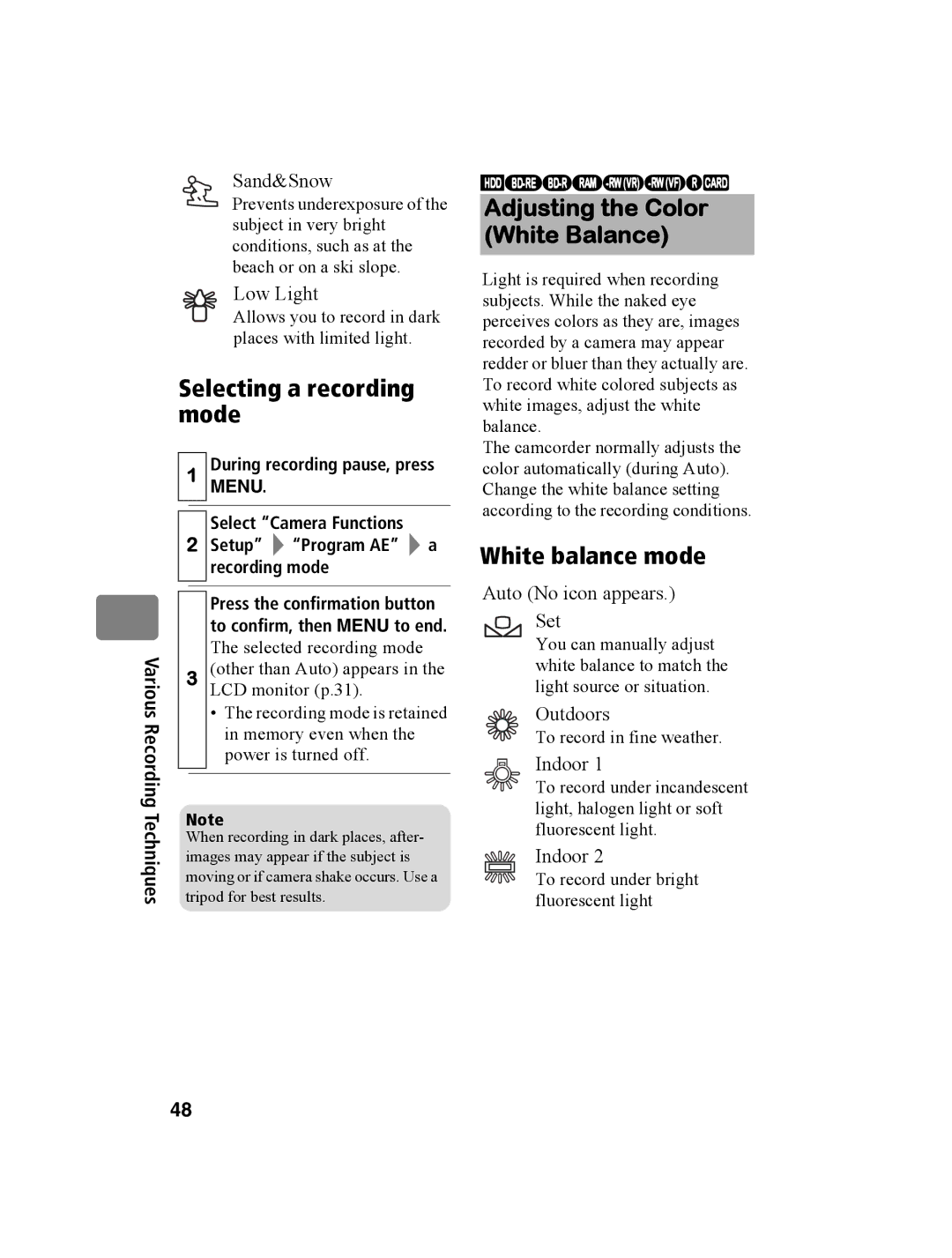 Hitachi DZ-BD10HA instruction manual Selecting a recording mode, White balance mode, During recording pause, press 