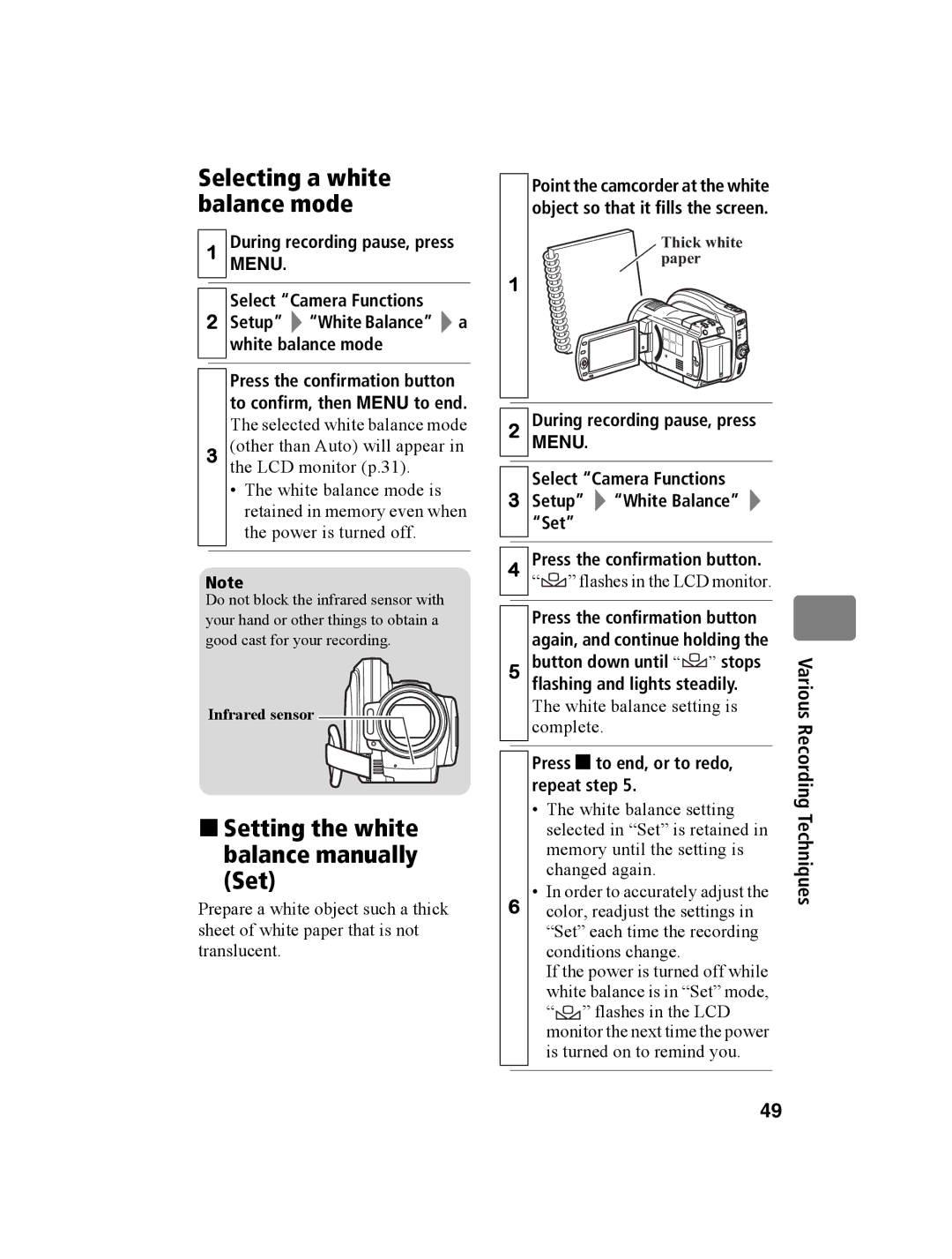 Hitachi DZ-BD10HA Selecting a white balance mode, „ Setting the white Balance manually Set, Infrared sensor 