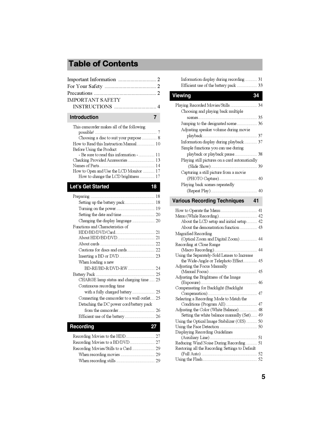 Hitachi DZ-BD10HA instruction manual Table of Contents 