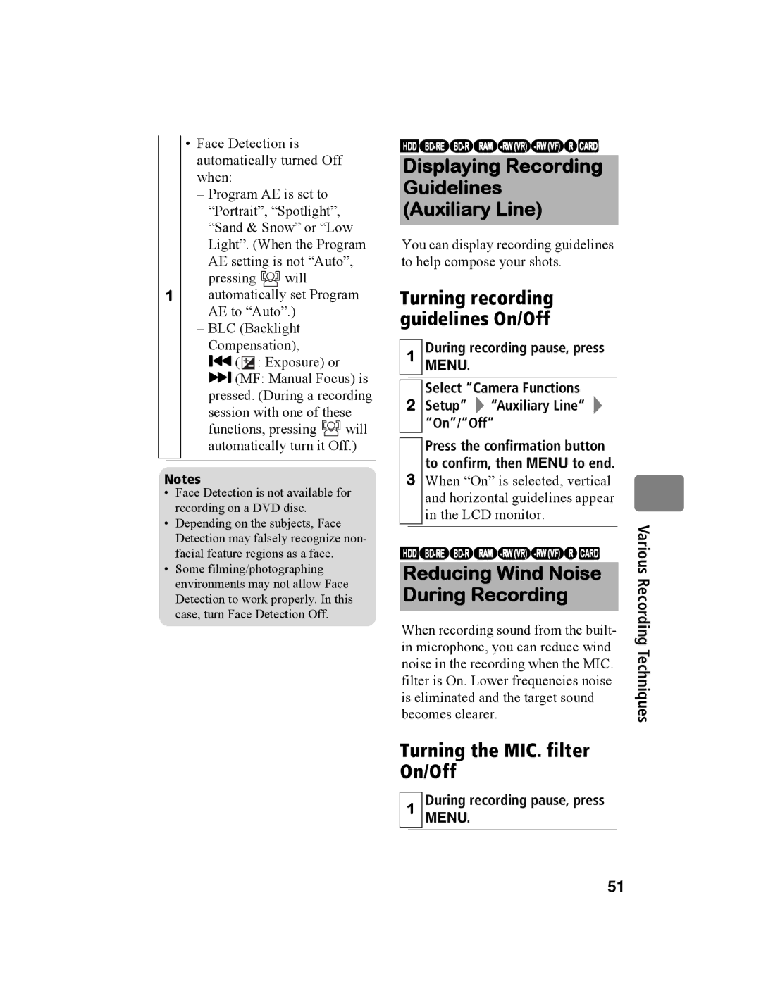 Hitachi DZ-BD10HA instruction manual Displaying Recording Guidelines Auxiliary Line, Turning the MIC. filter On/Off 