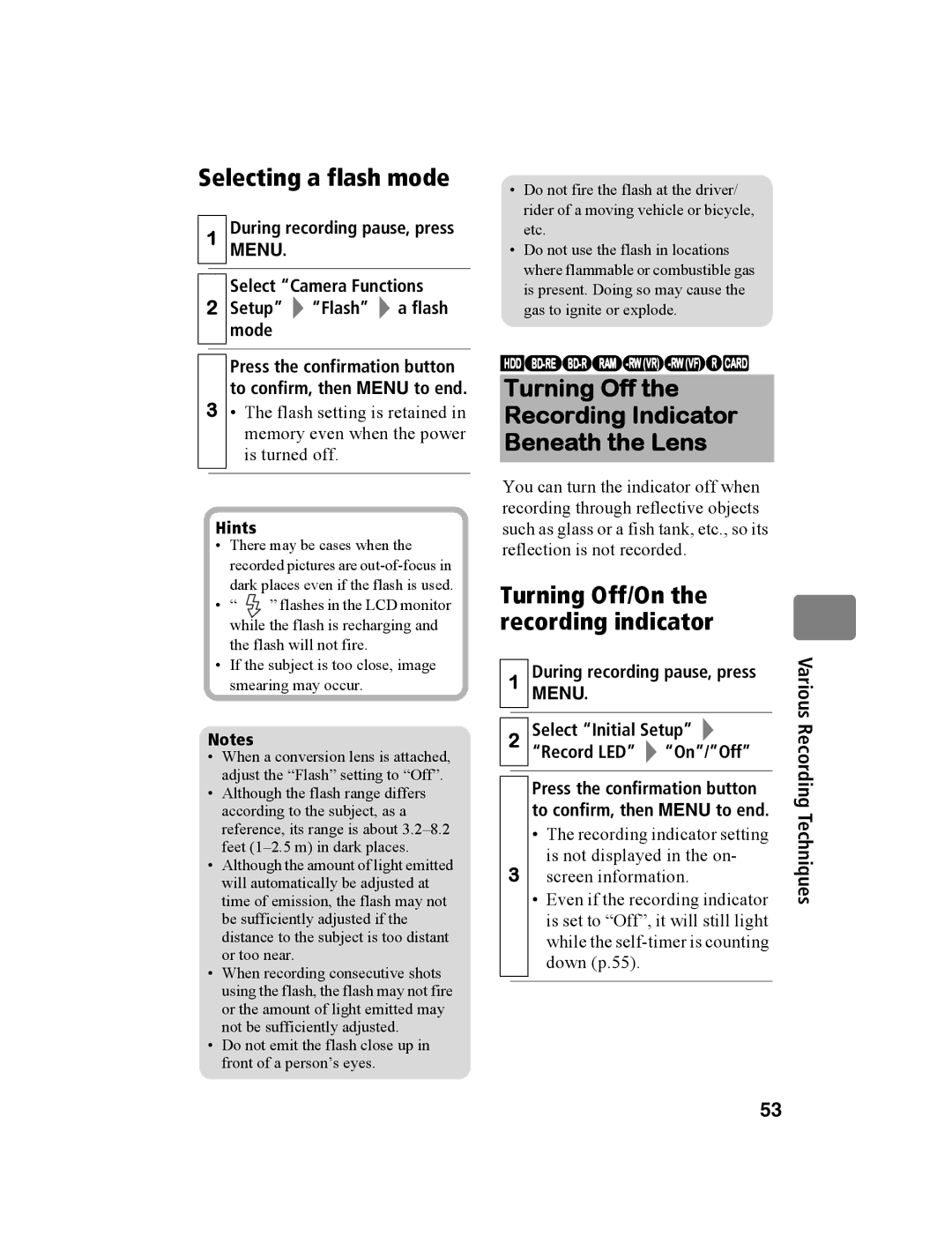 Hitachi DZ-BD10HA instruction manual Selecting a flash mode, Turning Off Recording Indicator Beneath the Lens 