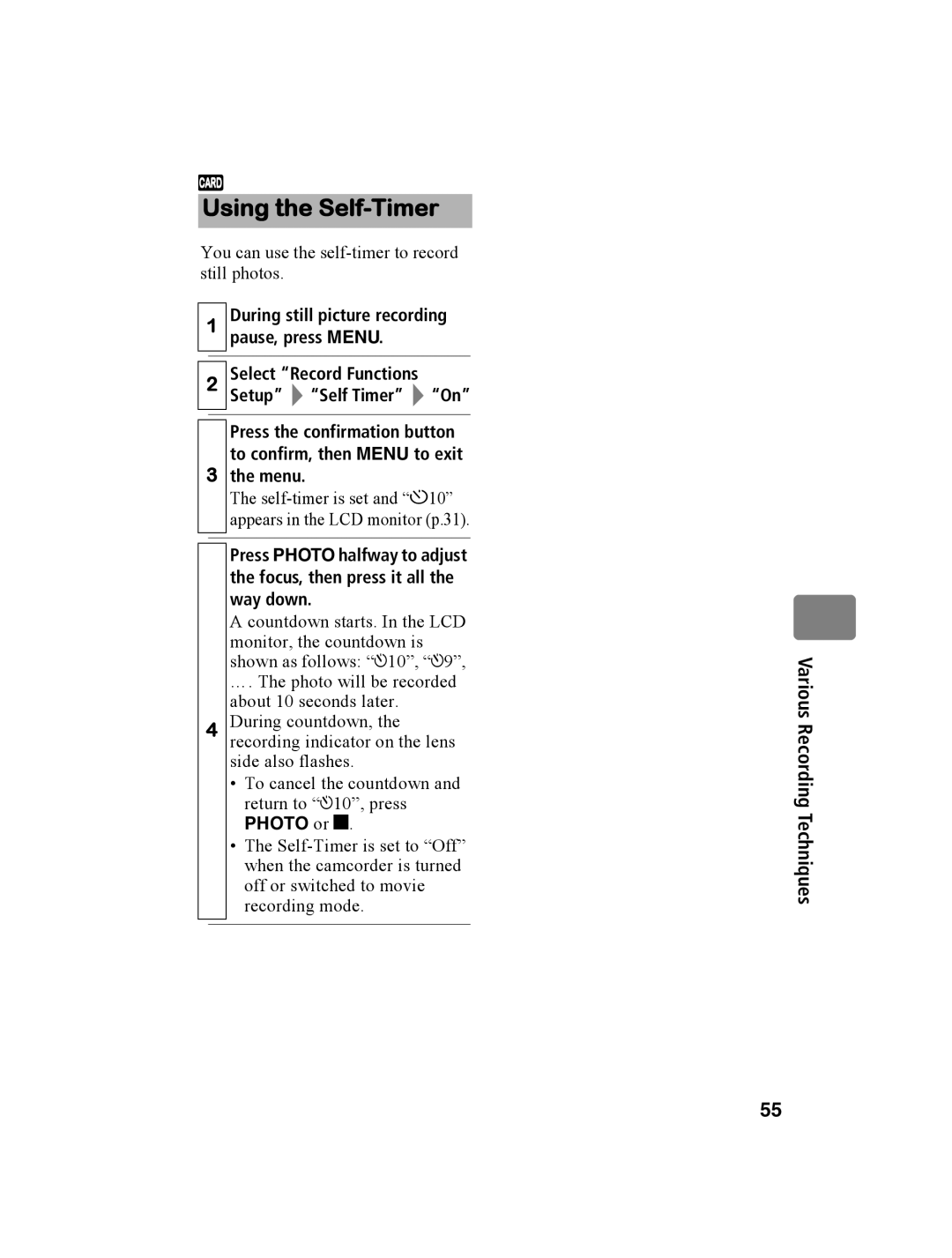 Hitachi DZ-BD10HA instruction manual Using the Self-Timer, Select Record Functions Setup Self Timer On, Menu 