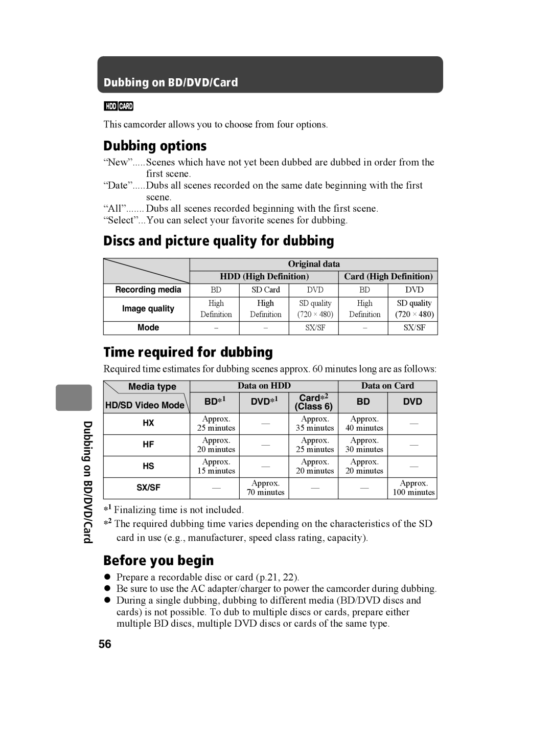 Hitachi DZ-BD10HA Dubbing options, Discs and picture quality for dubbing, Time required for dubbing, Before you begin 