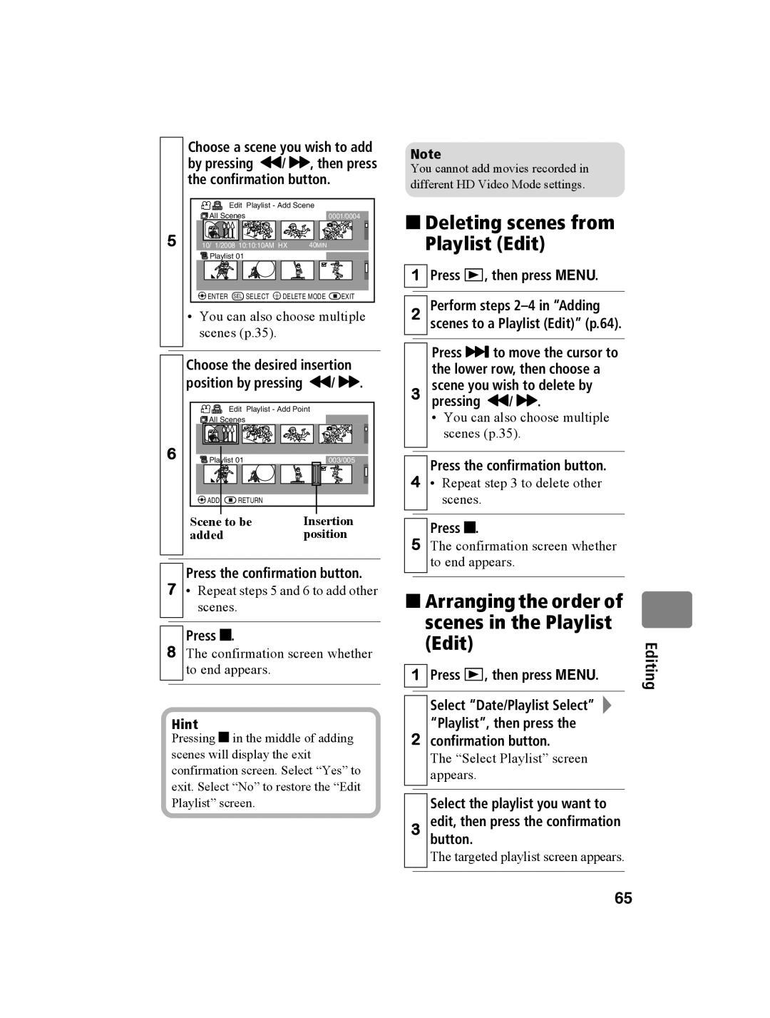 Hitachi DZ-BD10HA „ Deleting scenes from Playlist Edit, „ Arranging the order of scenes in the Playlist Edit, Scene to be 