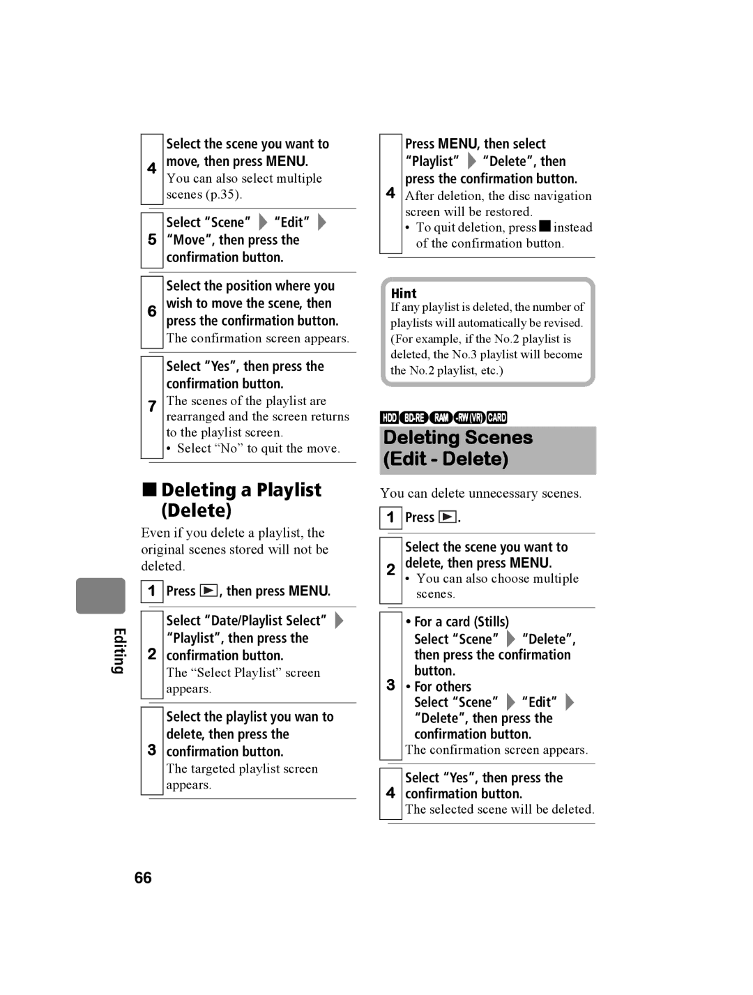 Hitachi DZ-BD10HA instruction manual „ Deleting a Playlist Delete 