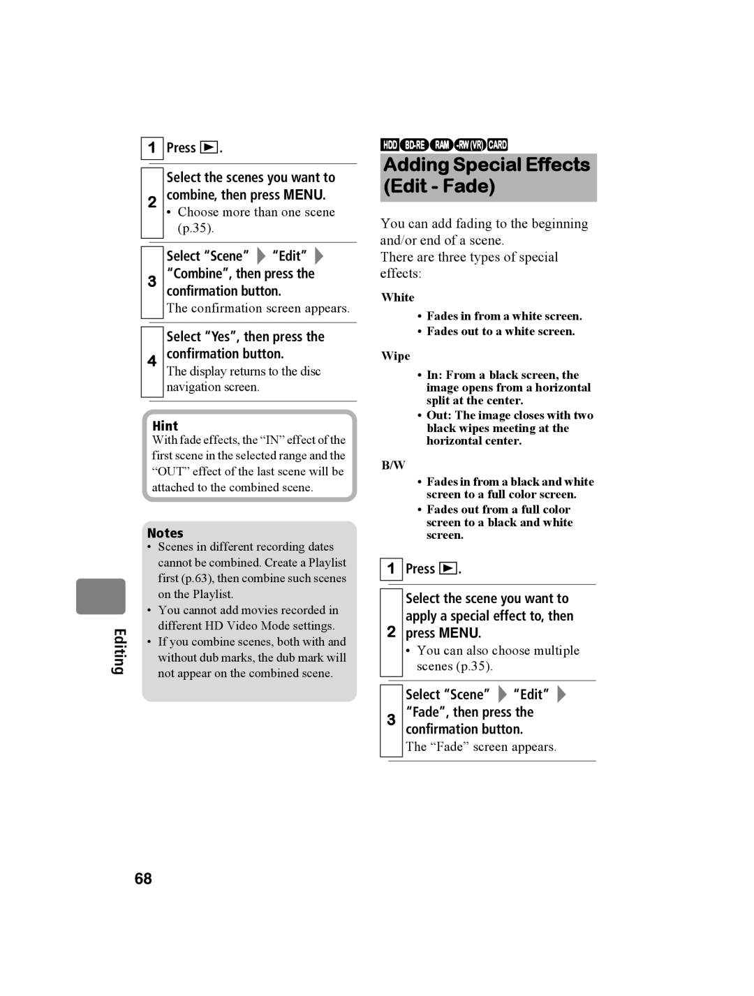 Hitachi DZ-BD10HA instruction manual Adding Special Effects Edit Fade, Choose more than one scene p.35, Fade screen appears 