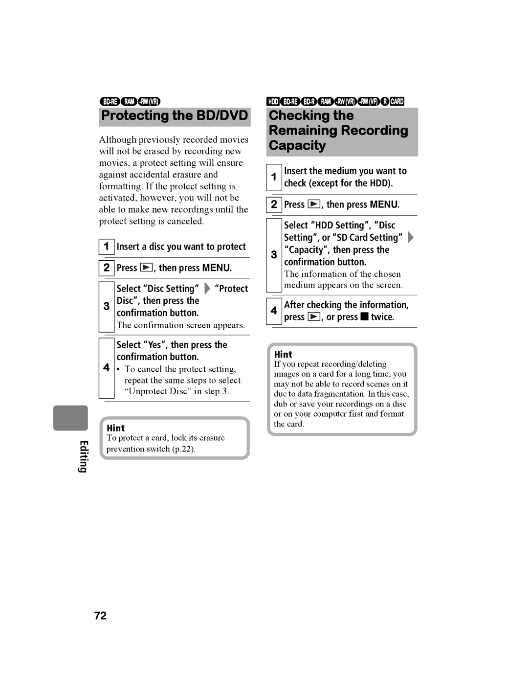 Hitachi DZ-BD10HA instruction manual Checking Remaining Recording Capacity, Insert a disc you want to protect 