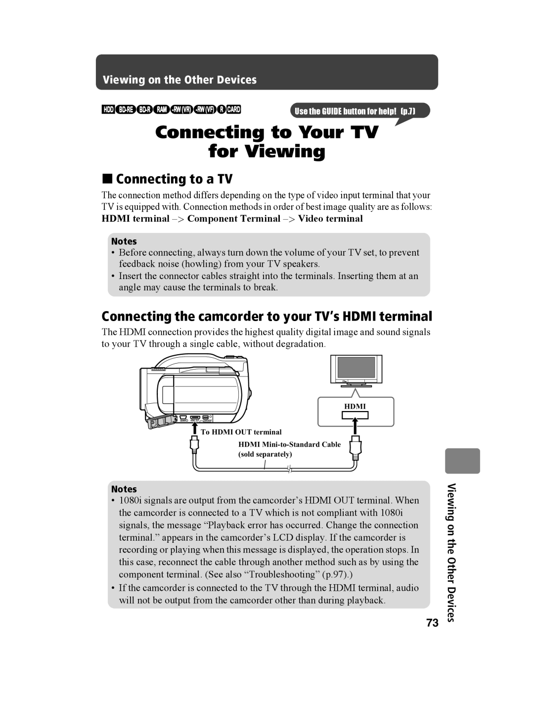 Hitachi DZ-BD10HA instruction manual „ Connecting to a TV, Connecting the camcorder to your TV’s Hdmi terminal 