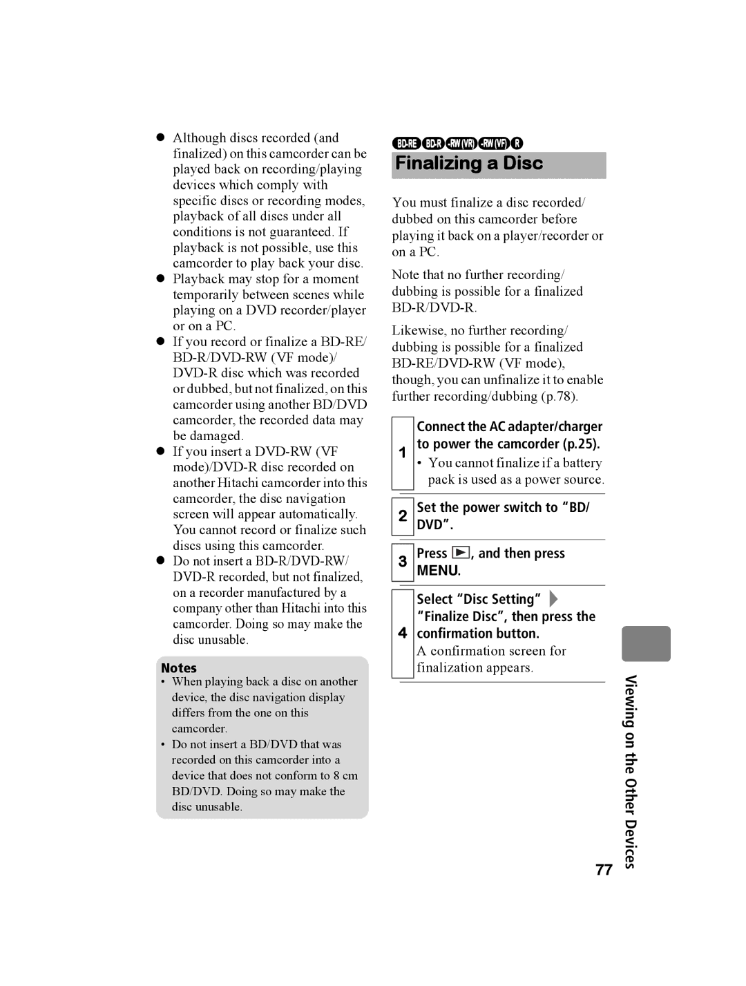 Hitachi DZ-BD10HA instruction manual Finalizing a Disc, To power the camcorder p.25 