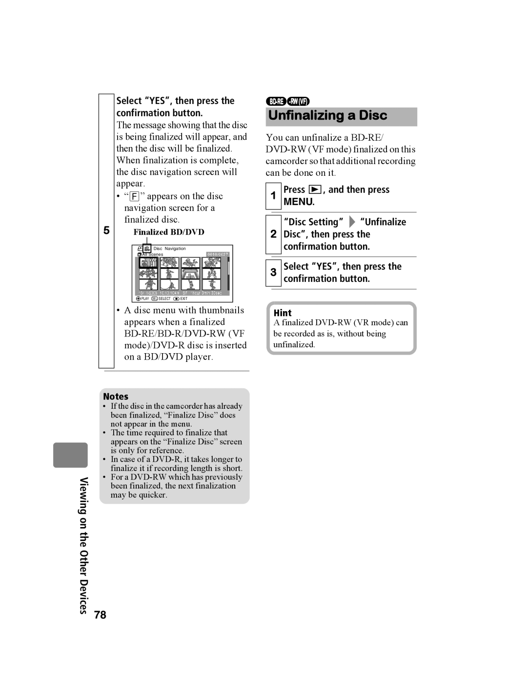 Hitachi DZ-BD10HA instruction manual Unfinalizing a Disc, Select YES, then press the confirmation button, Finalized BD/DVD 