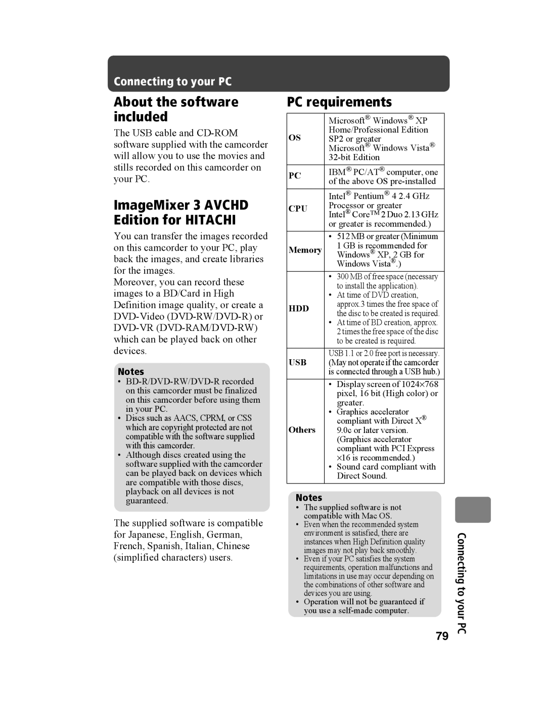 Hitachi DZ-BD10HA instruction manual About the software included, PC requirements, Others 