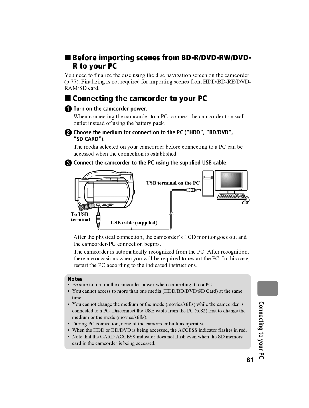 Hitachi DZ-BD10HA instruction manual „ Connecting the camcorder to your PC, Turn on the camcorder power 