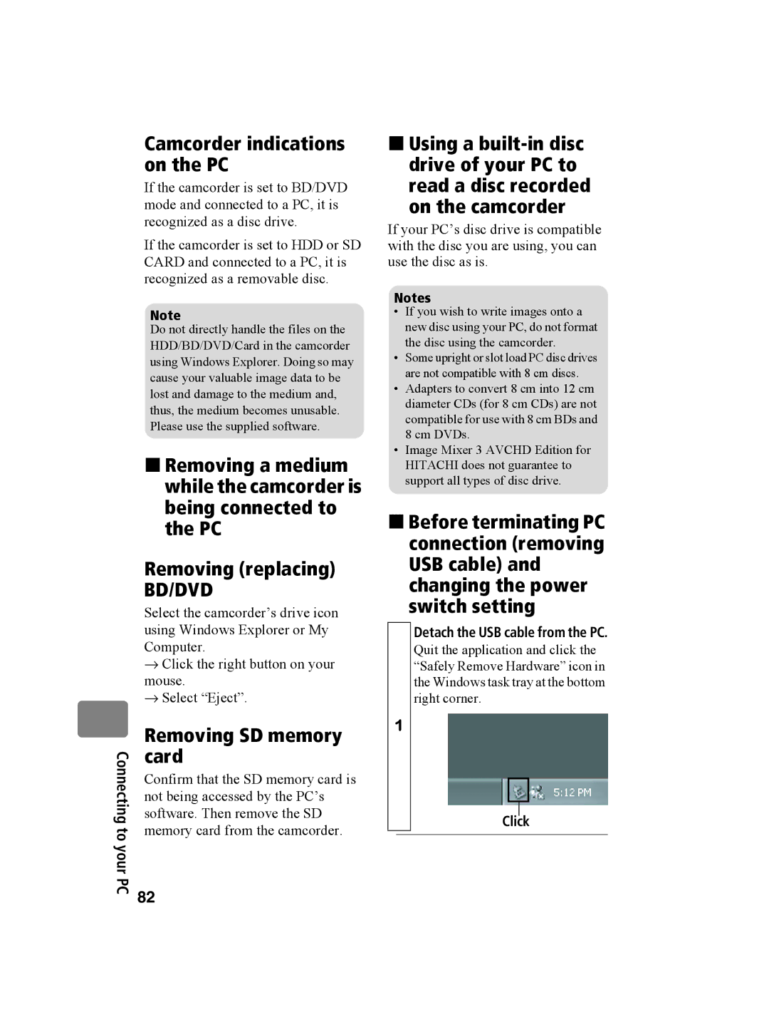 Hitachi DZ-BD10HA instruction manual Camcorder indications on the PC, Removing SD memory, Card, Click 