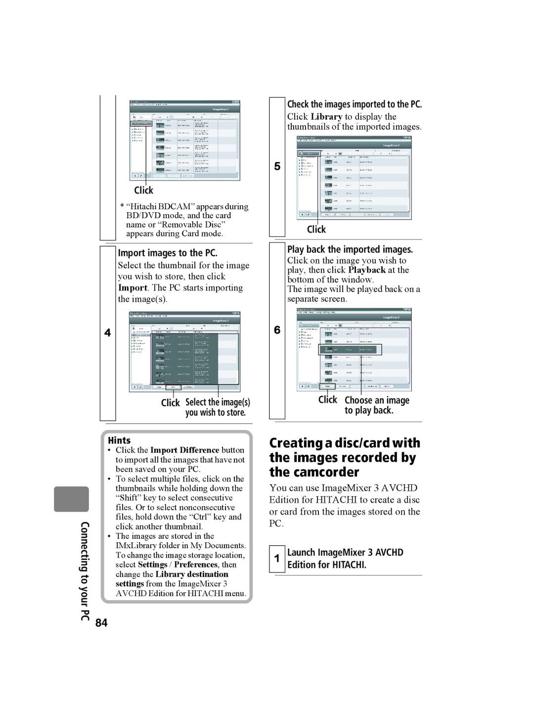 Hitachi DZ-BD10HA Import images to the PC, Click Play back the imported images, Change the Library destination 