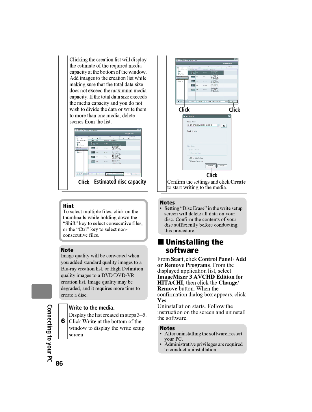 Hitachi DZ-BD10HA instruction manual „ Uninstalling Software, Write to the media, ClickClick 