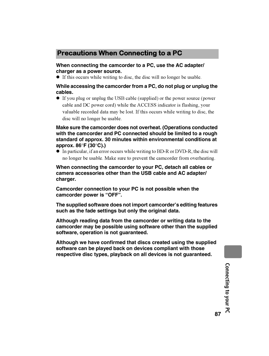 Hitachi DZ-BD10HA instruction manual Precautions When Connecting to a PC 