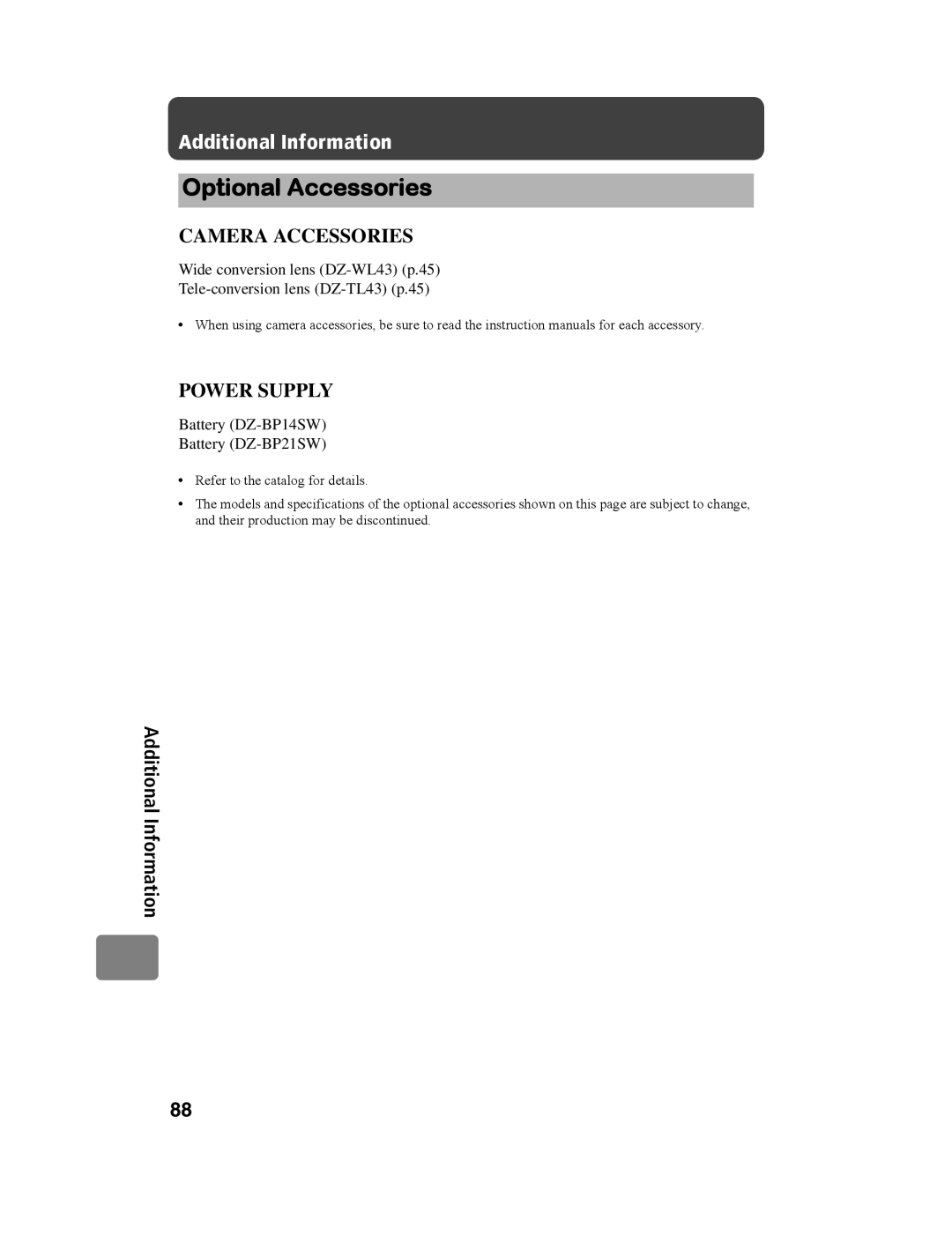 Hitachi DZ-BD10HA instruction manual Optional Accessories, Battery DZ-BP14SW Battery DZ-BP21SW 