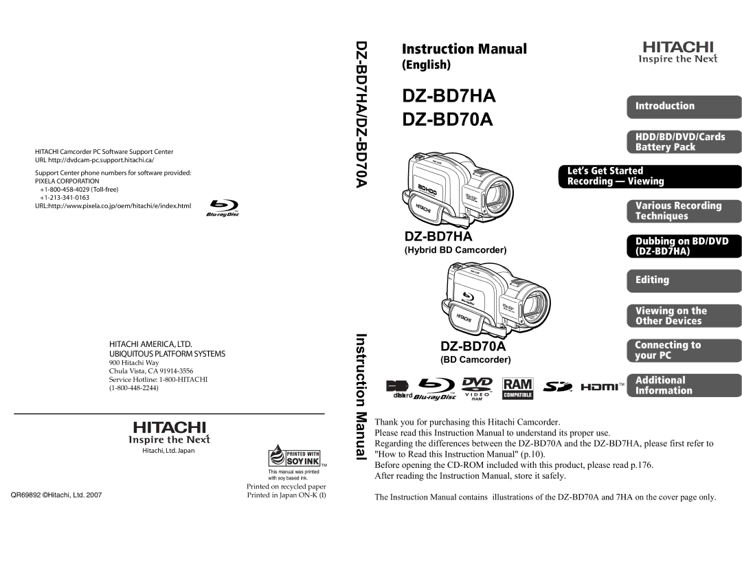 Hitachi DZ-BD7HA, DZ-BD70A instruction manual Instruction 