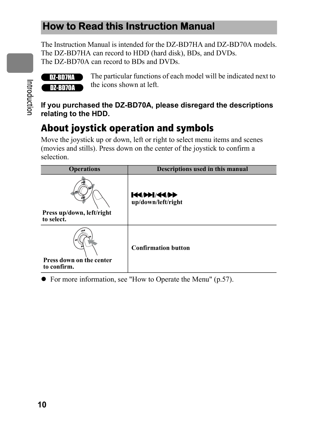 Hitachi DZ-BD70A, DZ-BD7HA About joystick operation and symbols, Operations Descriptions used in this manual 