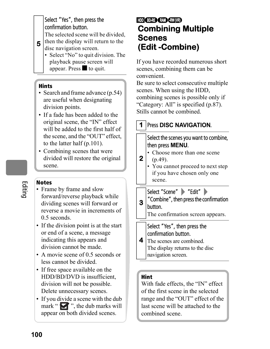 Hitachi DZ-BD70A Combining Multiple Scenes Edit -Combine, 100, Select the scenes you want to combine, then press Menu 