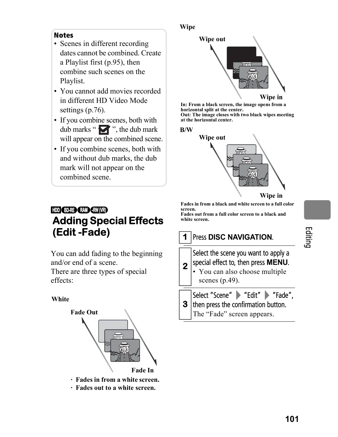 Hitachi DZ-BD7HA, DZ-BD70A instruction manual Adding Special Effects Edit -Fade, Editing 101, Select Scene Edit Fade 