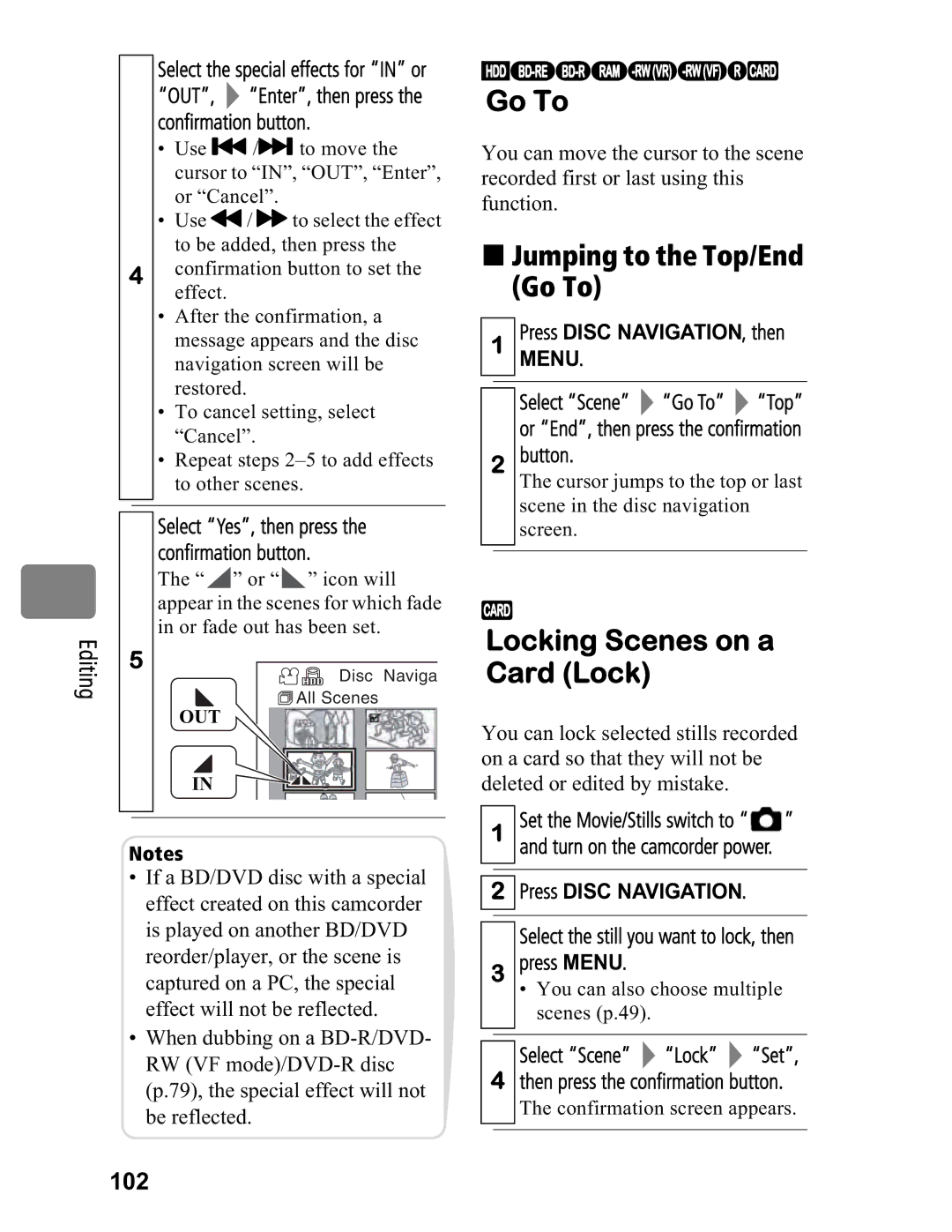 Hitachi DZ-BD70A, DZ-BD7HA instruction manual „ Jumping to the Top/End Go To, Locking Scenes on a Card Lock, 102 