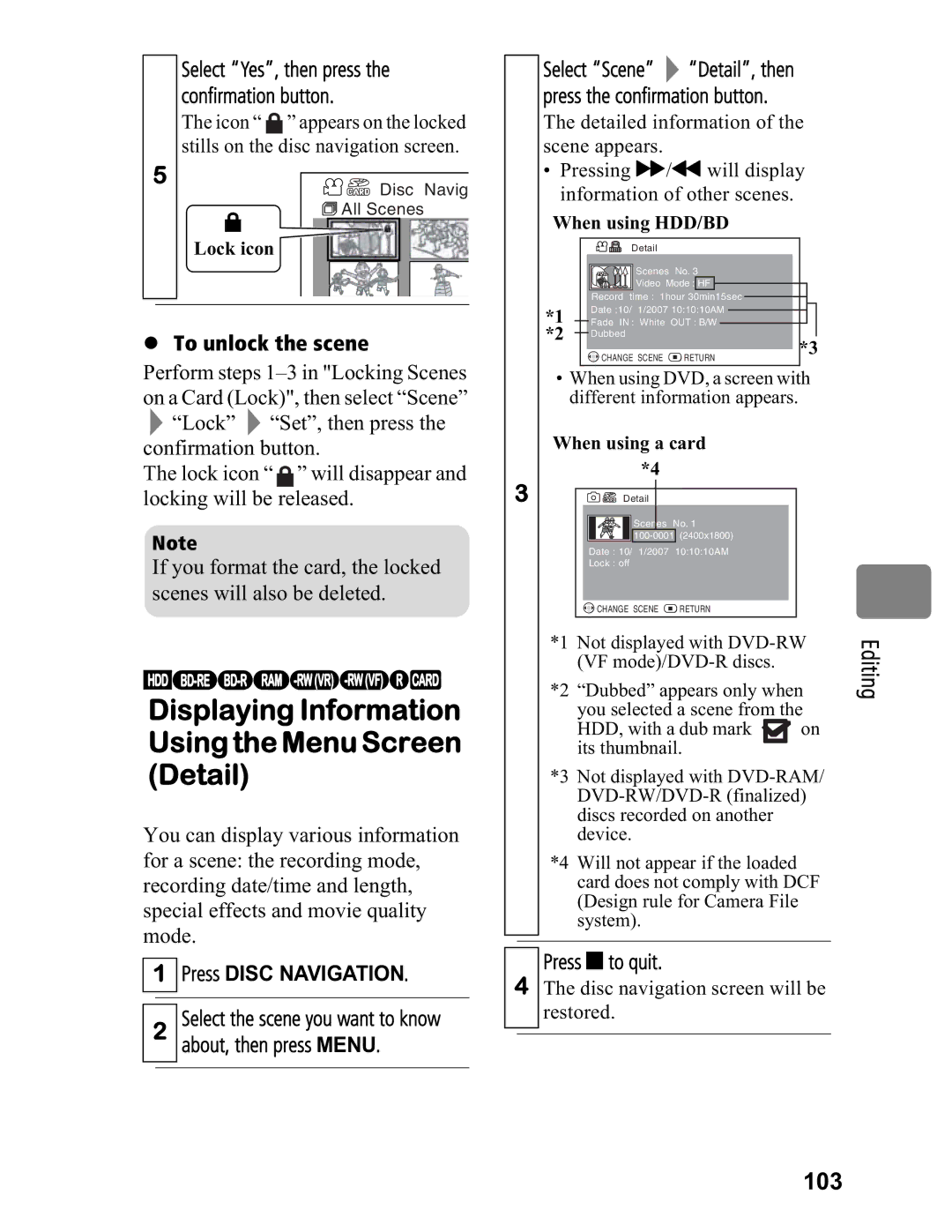 Hitachi DZ-BD7HA, DZ-BD70A instruction manual Editing 103, To unlock the scene, Press to quit 