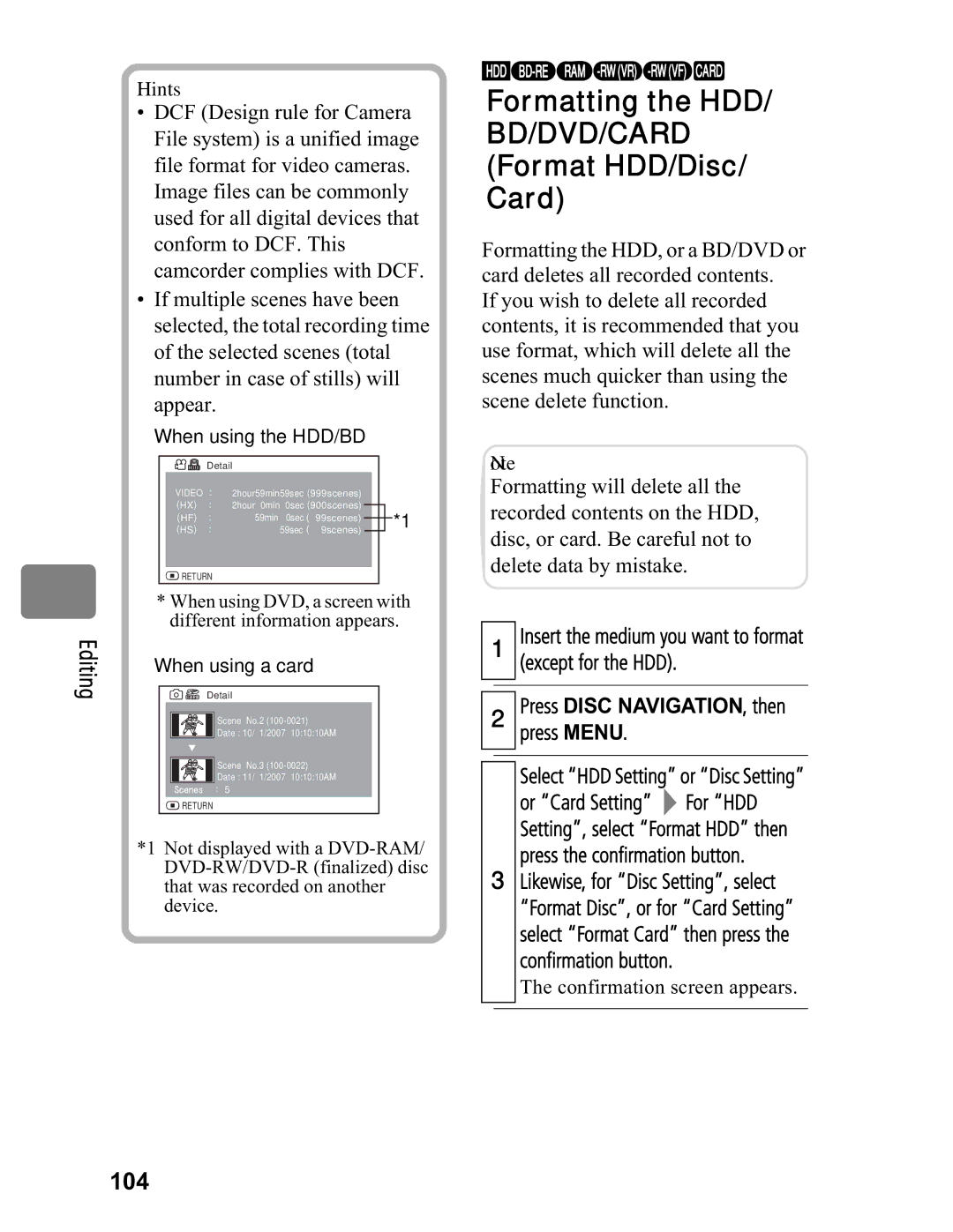 Hitachi DZ-BD70A Formatting the HDD, Format HDD/Disc Card, 104, Insert the medium you want to format except for the HDD 