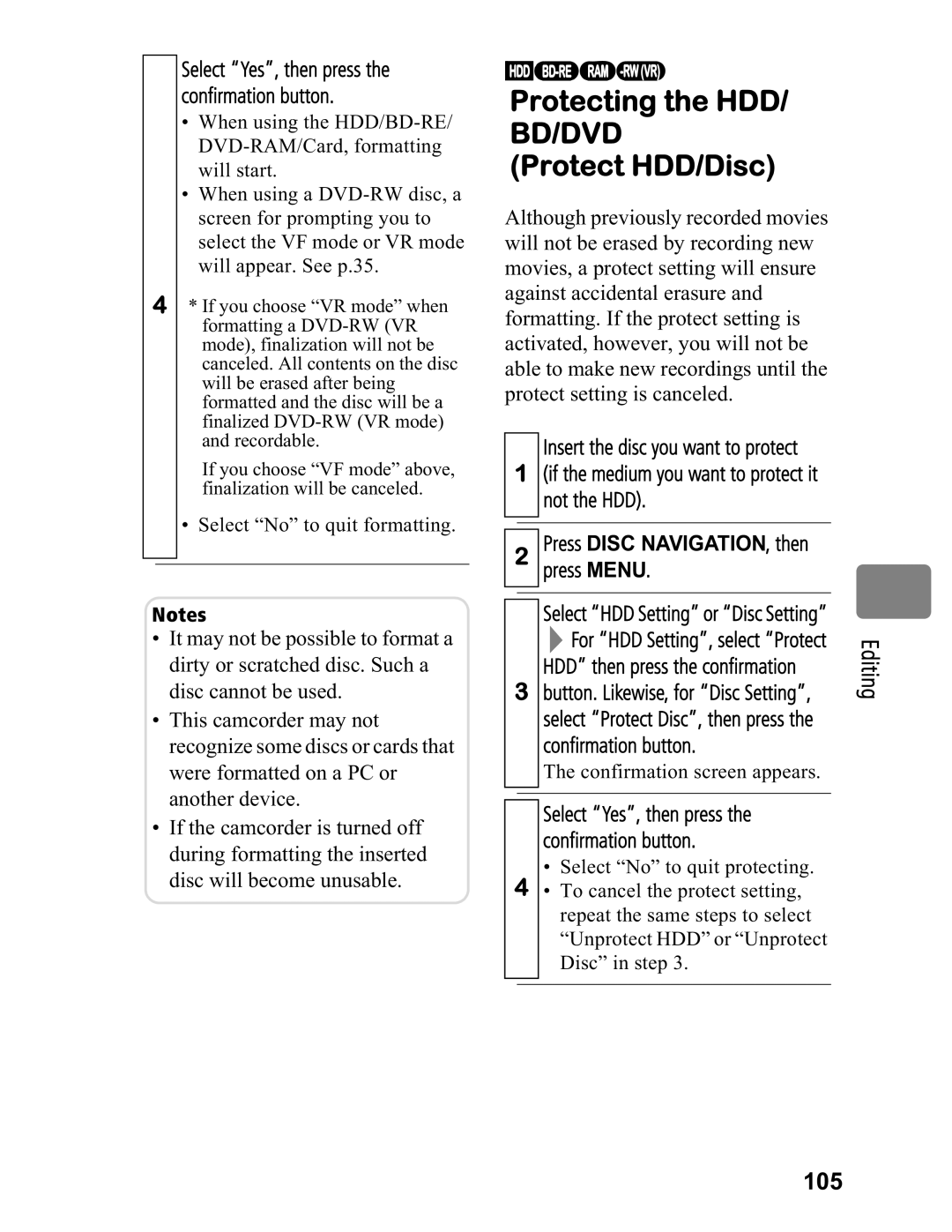 Hitachi DZ-BD7HA, DZ-BD70A Protecting the HDD, Protect HDD/Disc, Editing 105, Insert the disc you want to protect 