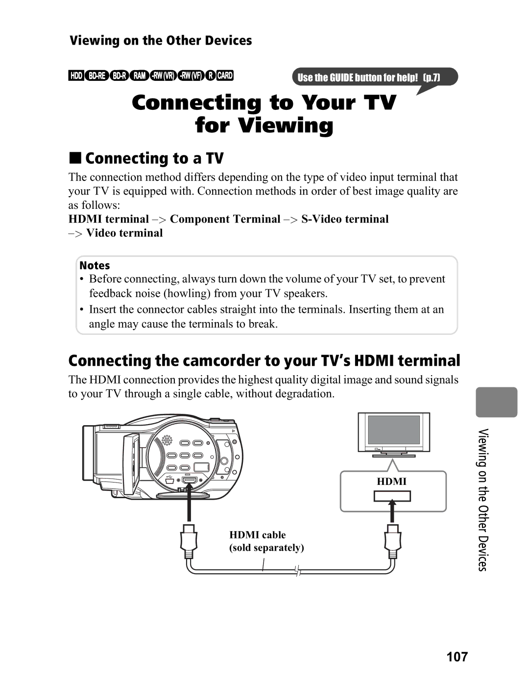 Hitachi DZ-BD7HA, DZ-BD70A „ Connecting to a TV, Viewing on the Other Devices 107, Hdmi cable sold separately 